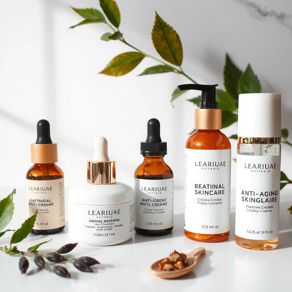 Luxurious anti-aging skincare products arranged elegantly